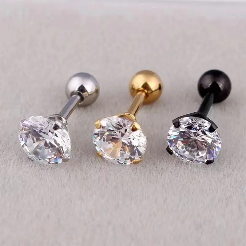 Stainless Steel Round Zircon Ear Studs - 4 Prong Hypoallergenic Earrings for Cartilage Piercing, Titanium Steel Ear Bone Jewelry for Healing Ear Holes (Sparkling Design)