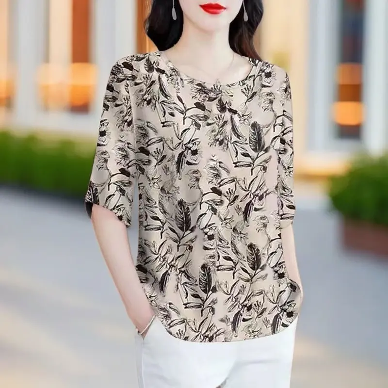 Áo Thun In Hình, Cổ Tròn, Tay Lửng, Dành Cho Mẹ TRUNG NIÊN, Nữ Mùa Hè, Ngoại Cỡ, Dáng Rộng, Che Bụng, Áo Phong Cách Phương Tây, Áo Sơ Mi Nhỏ Top Women Shirt
