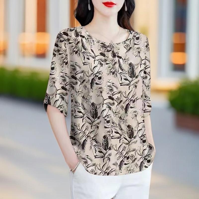 Áo Thun In Hình, Cổ Tròn, Tay Lửng, Dành Cho Mẹ TRUNG NIÊN, Nữ Mùa Hè, Ngoại Cỡ, Dáng Rộng, Che Bụng, Áo Phong Cách Phương Tây, Áo Sơ Mi Nhỏ Top Women Shirt 0