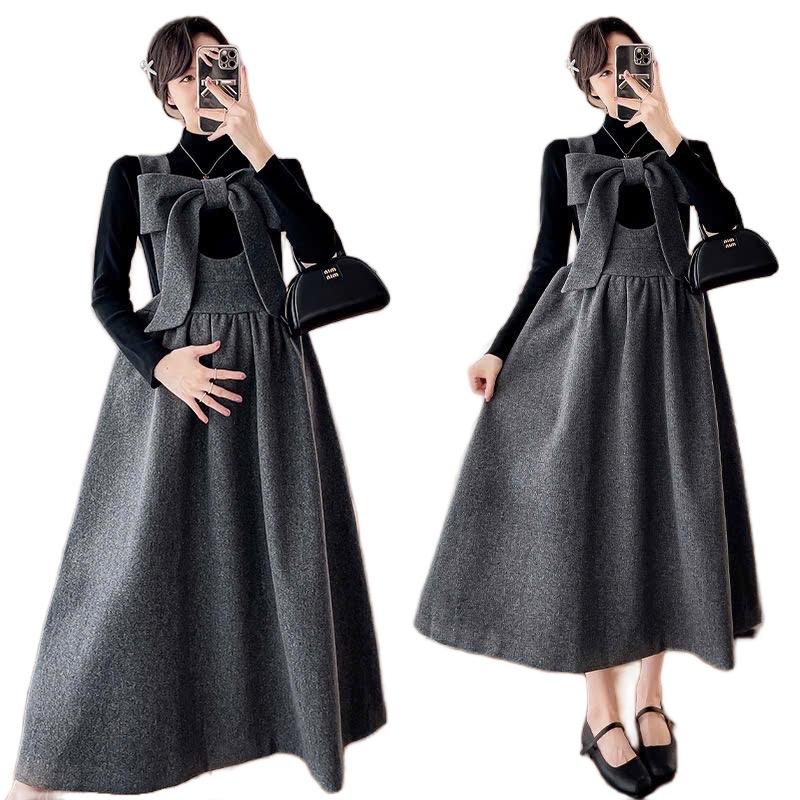 Sét yếm THU ĐÔNG MAMADRESS thiết kế YẾM DẠ NƠ TO KÈM ÁO TĂM dài tay ấm áp tiểu thư sang chảnh dễ mix SY14 Women Nữ Đầm Bầu Váy Bầu Nhung