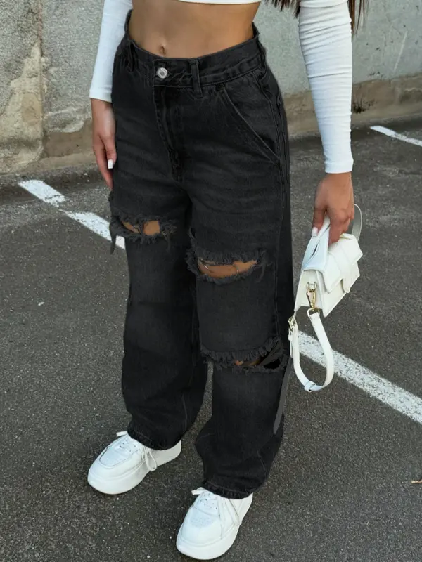 Women's Ripped Denim Jeans, Y2k Casual Fashion Baggy Pants for Daily Wear, Ladies Bottoms for All Seasons, Womenswear 2