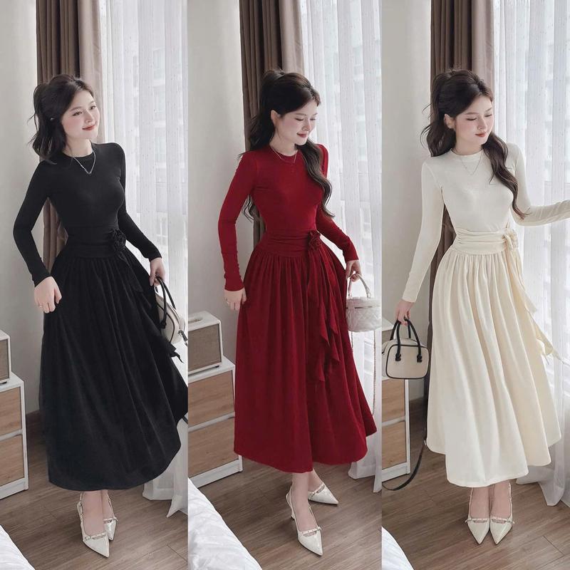 Đầm váy nữ thun tăm dài tay cổ tròn eo xếp ly đính hoa vạt bèo dáng dài trẻ trung thanh lịch cho nàng diện đi chơi noen lễ tết