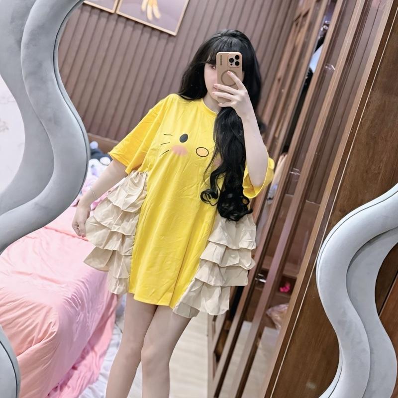 TBB Đầm Babydoll Thun Cotton In Hình Mèo Dễ Thương. Đầm Mặc Thường Ngày. 2