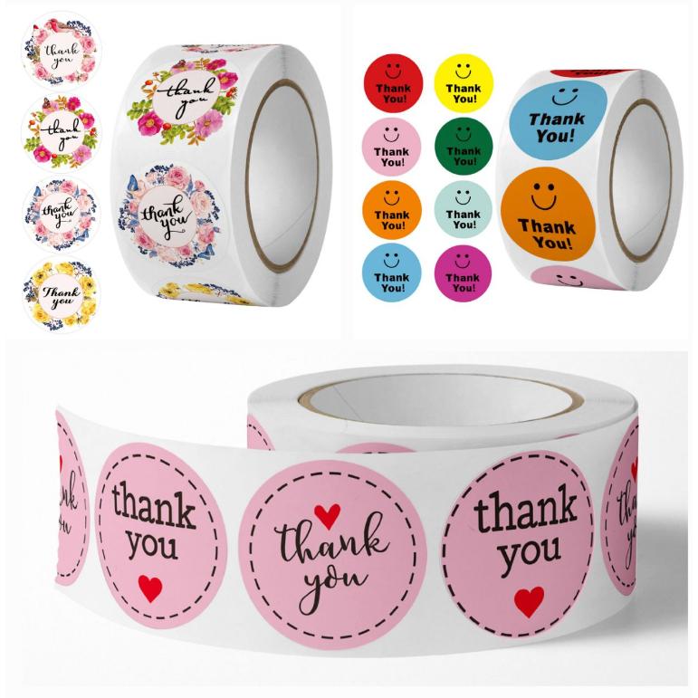  Cuộn 500 tem Sticker Thank you in màu tự dính 2.5cm - Tem cảm ơn 