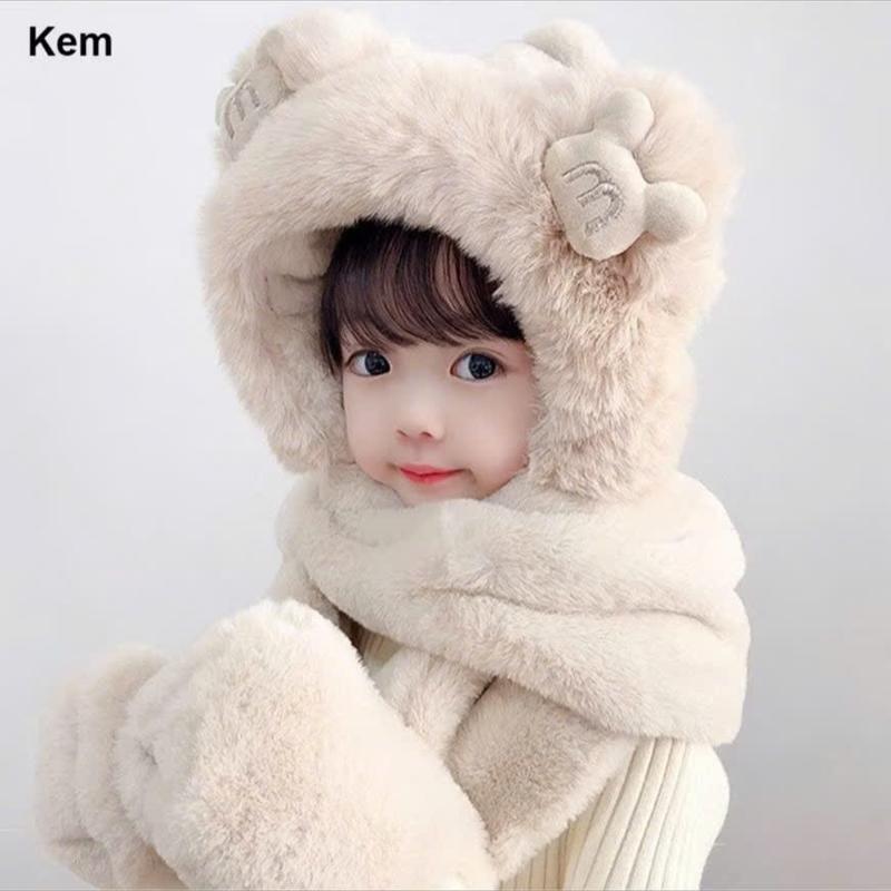 Mũ trùm đầu, mũ len kèm khăn choàng cổ và găng tay hình tai gấu đáng yêu cho bé trơn ếch nâu 4
