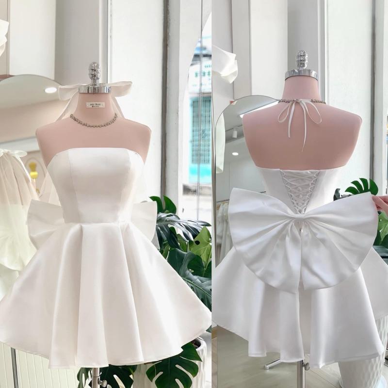 Váy trắng kèm bẹt vai ngang đầm đi bàn cô dâu dáng ngắn dự tiệc tiểu thư Suna