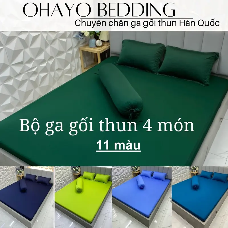 [OHAYO] Bộ ga thun lạnh 4 món 12 màu gồm: 1 ga bo chun, 2 vỏ gối nằm, 1 vỏ gối ôm 0