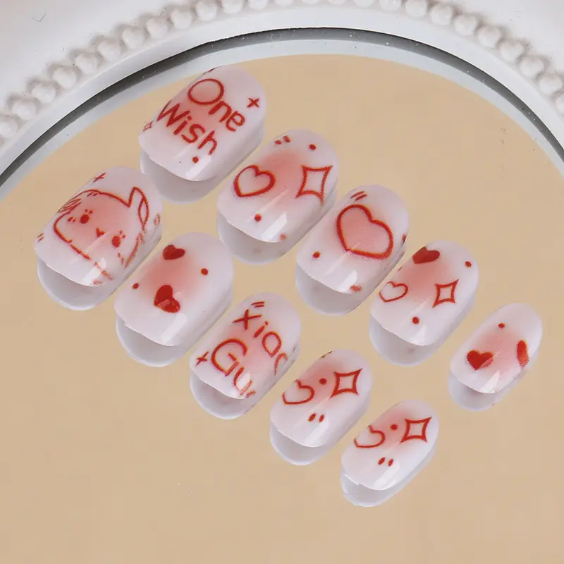 Children Wear Nail Cute Cartoon Nail Sticker Heart Rabbit Girls Fake Nail Patch Finished Product 24 Pieces Detachable