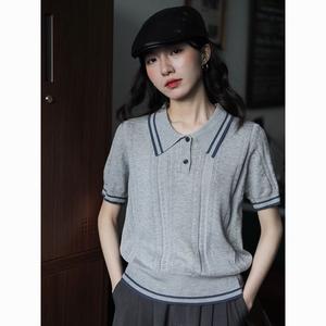 Early Spring Versatile Gray Color-Block Solid Commuter Niche Unique Knitted Polo Collar Short Sleeve Top
