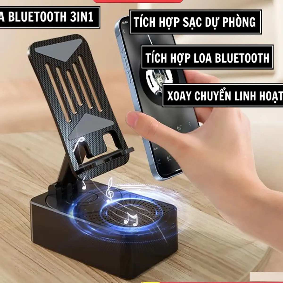 Giá đỡ điện thoại 3in1, tích hợp loa Bluetooth chống trượt xoay 360 độ có thể gập lại, hỗ trợ sạc điện thoại