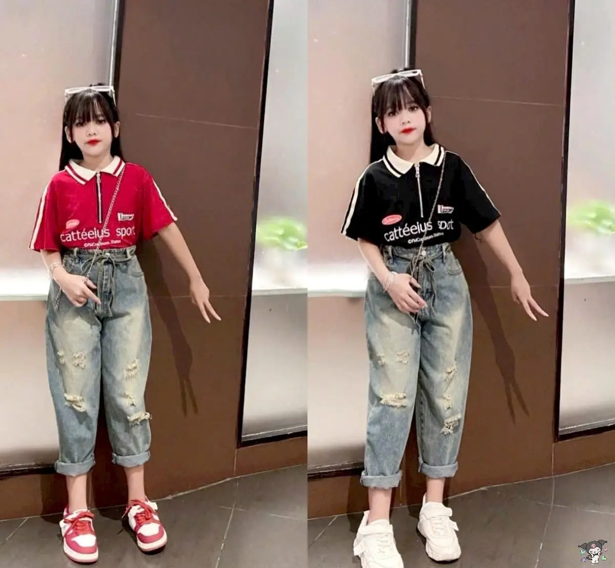 [MinMinKid3] (21-48kg dưới 1m55) Set áo thun cotton cổ bẻ phối quần jean BAGGY cá tính cho bé gái