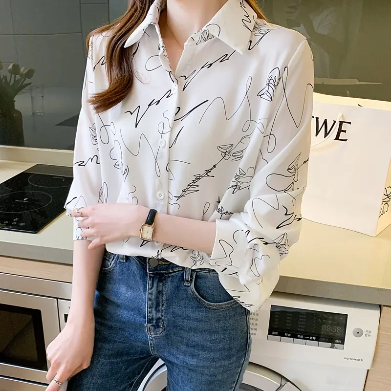 Áo Nữ Thanh Lịch, Thời Trang Đầu Mùa Thu Mới, Dài Tay, Dáng Rộng, Phong Cách Hoang Dã, Áo Sơ Mi Cổ Điển Phong Cách Hồng Kông, Cổ Bẻ Áo