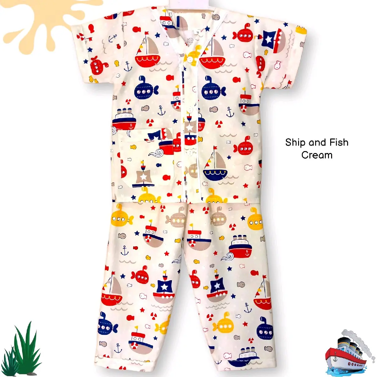Baju Tidur Anak Laki-laki Usia 1-12 Tahun Motif ship and fish Cowok