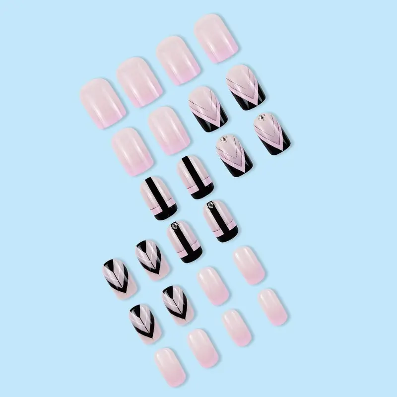 Pink and Black Press on Fake Nail, 24pcs Rhinestone Decor Fashion Press on Nails & 1 Count Tape & 1 Count Nail File & 1 Count Wooden Stick 4