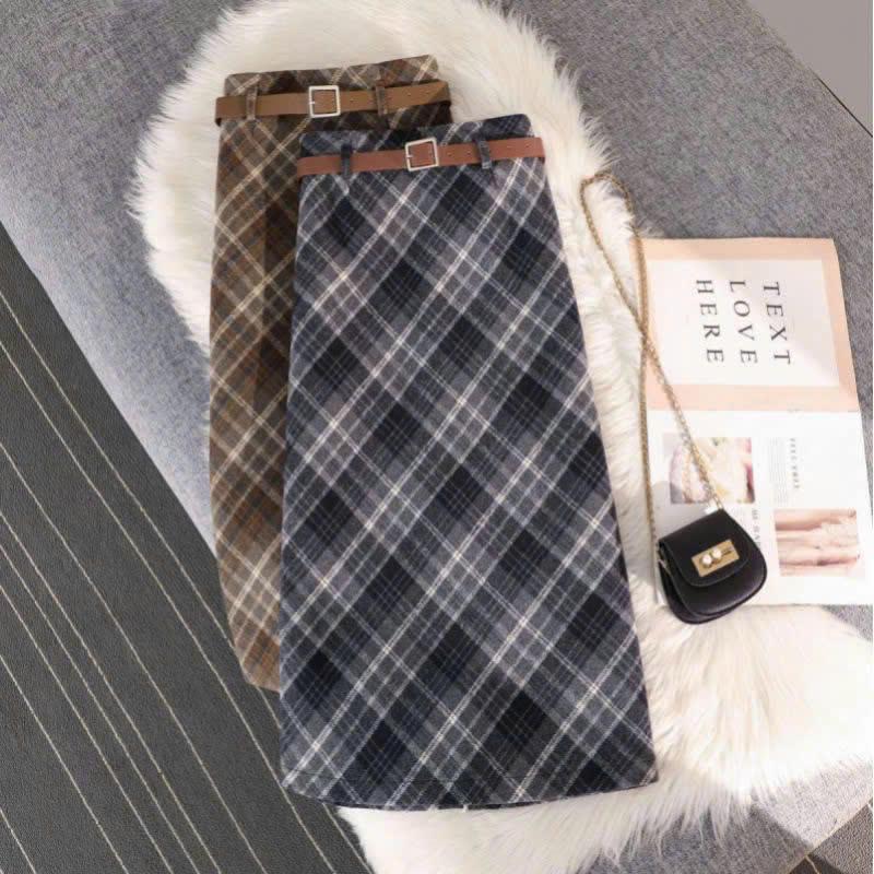 Chân váy dạ kẻ đai 830 dáng dài dạ ép mềm kèm đai siêu xinh cho nữ Evalover