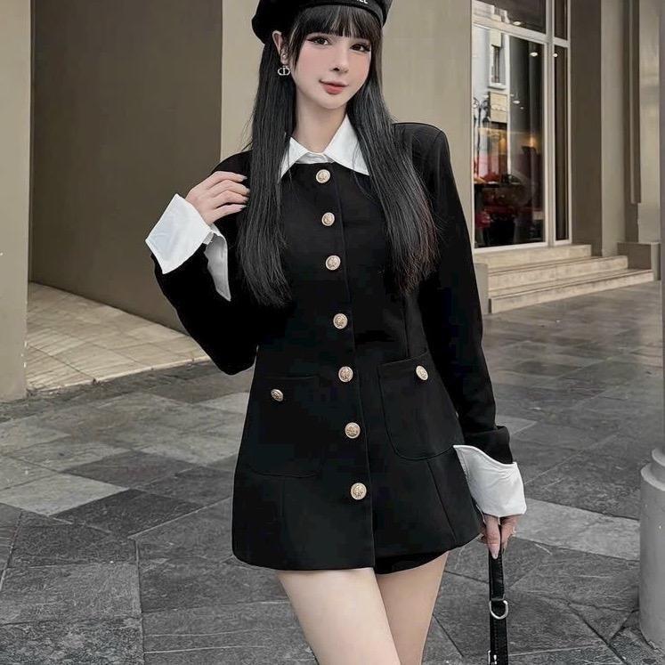 SET VEST phối quần sooc Đầm cổ vest tay dài pha màu Váy cổ phối sơ mi Áo vest dáng dài phong cách cá tính phối kèm quần sooc sang trọng tinh tế hàng thiết kế 2 size S M