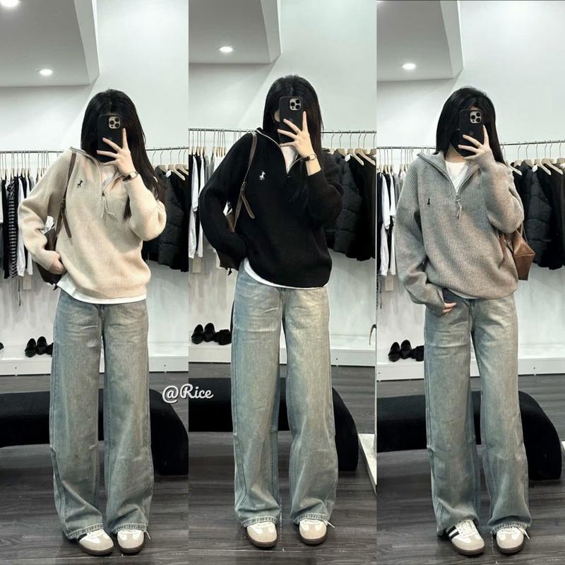 Áo Len Nữ Cổ Trụ Phối Khoá Kéo thêu Ngựa (E3) @Rice