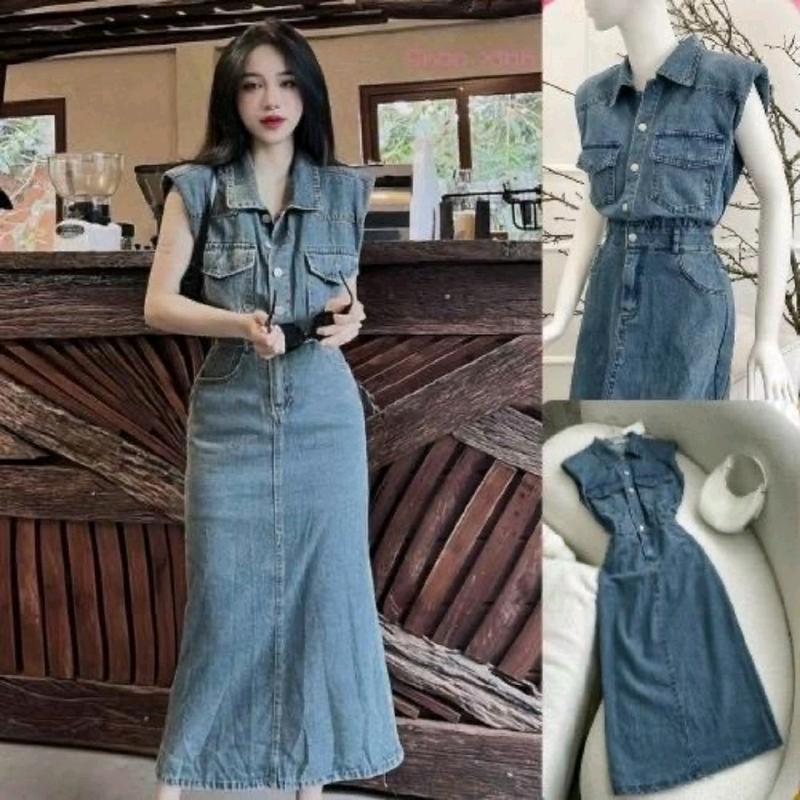 Đầm J.ean Dáng Dài Đính Khuy Tôn Dáng Cho Nữ Women Dress 1