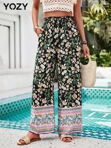 YOZY Women's All Over Print Shirred Pants, Boho Casual Comfy Trousers for Daily Holiday Vacation Wear, Ladies Bottoms for Summer