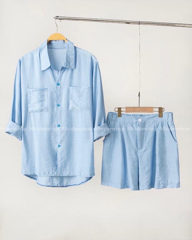 bộ đũi nữ - áo sơ mi dài tay + quần đùi sang chảnh Voi Women Nhung Top 4