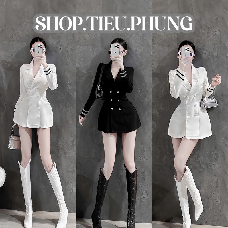 Đầm vest tay dài 6 nút tay viền 2 sọc