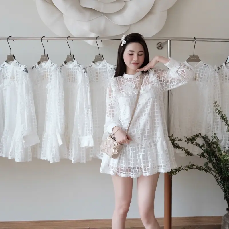 LINHHOANG Váy babydoll dài tay lưới hoa, DBD1010, Top nữ women, màu trắng