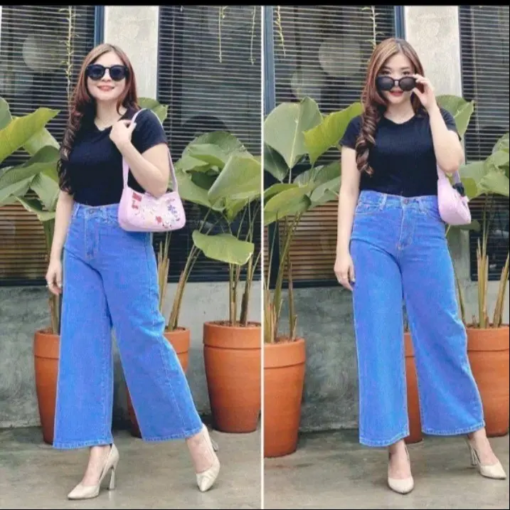 celana kulot jeans wanita terbaru Dark Denim Panjang Tebal