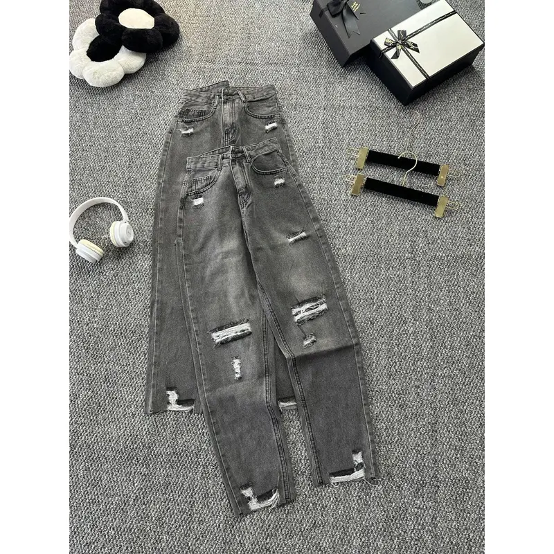 quần baggy nữ rách gối hai kiểu màu xanh và xám chât liệu cao cấp  kiểu dáng thời thượng Jean Pants Denim Có Túi Lưng Cao Khuy 1