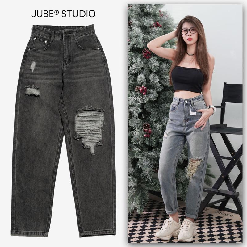 Quần Baggy Jean Nữ  Lưng Cao Không Co Giãn Rách Gối Kiểu Cá Tính Denim 1