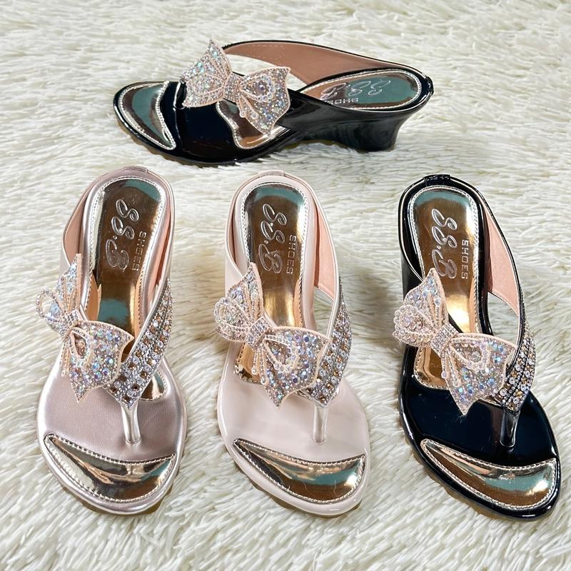 Dép nữ quai kẹp chùm gót khóa nơ đính đá xinh,gót xuồng cao 5cm T13