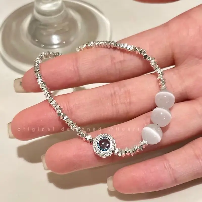 Underwater Starry Sky Natural Cat's Eye Stone Silver Bead Bracelet ...