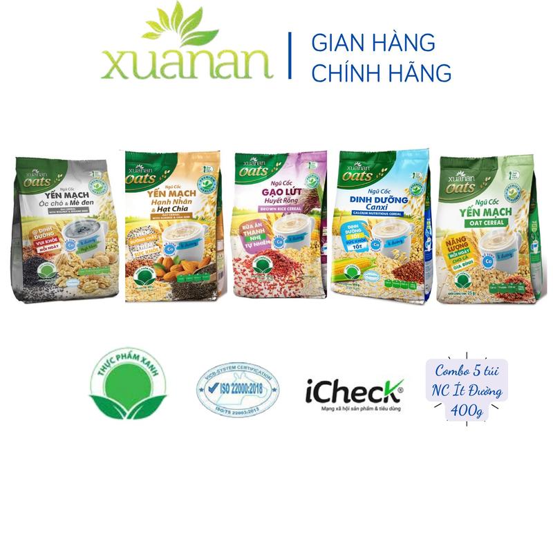 Combo 5 túi: Ngũ Cốc Óc Chó &Mè Đen+N.Cốc Yến Mạch Hạnh Nhân & Hạt Chia+N.Cốc Gạo Lức Huyết Rồng+N.Cốc Dinh Dưỡng Canxi+N.Cốc Yến Mạch ít đường 400gr Tặng 2 Túi Yến Mạch 150G Food Thức Ăn