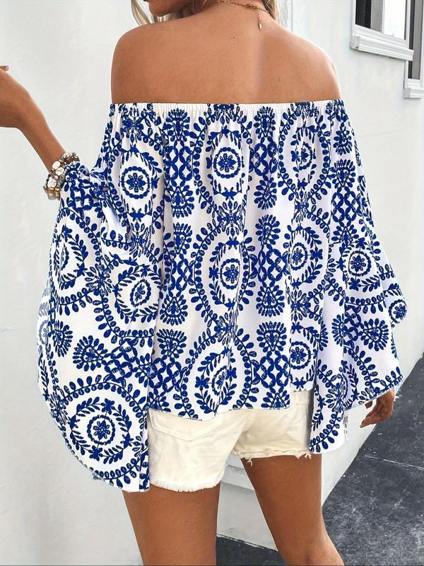 Women's All Over Print Off Shoulder Flounce Sleeve Blouse, Boho 3/4 Sleeve Top for Summer, Ladies Clothes for Beach Vacation Holiday 1