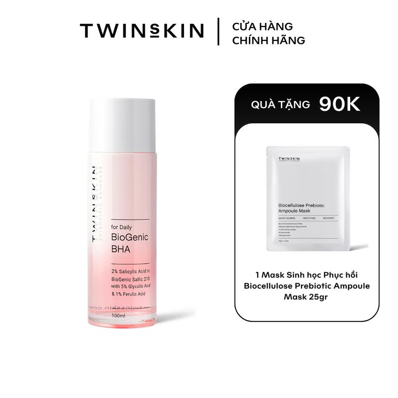Dung dịch hỗ trợ làm sạch da chết hóa học TWINS SKIN Biogenic BHA For Daily (Hồng) Fullsize 100ml TẶNG 1 Miếng mặt nạ Biocellulose Prebiotic Ampoule Mask 25gr