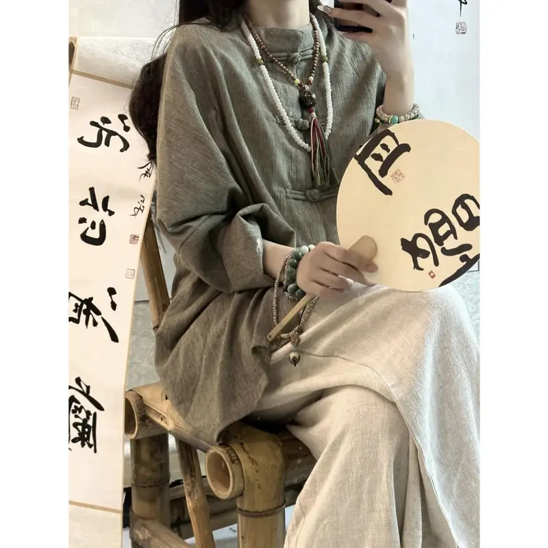 Áo Sơ Mi Cotton Và Vải Lanh Cho Nữ, Áo Có Nút Thắt Trung Quốc, Quần Áo Trà Mùa Hè, Cảm Giác Lạnh Zen, Mặc, Dáng Rộng 5