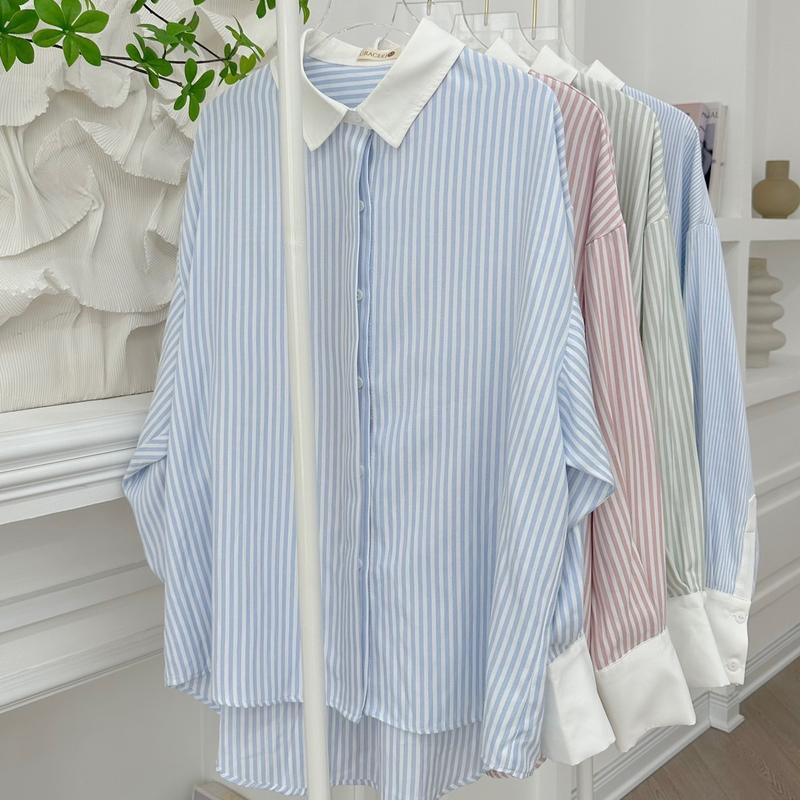 Áo sơ mi Nữ kẻ sọc phối cổ trắng chất thô đũi cotton dáng oversize Women Shirt 0