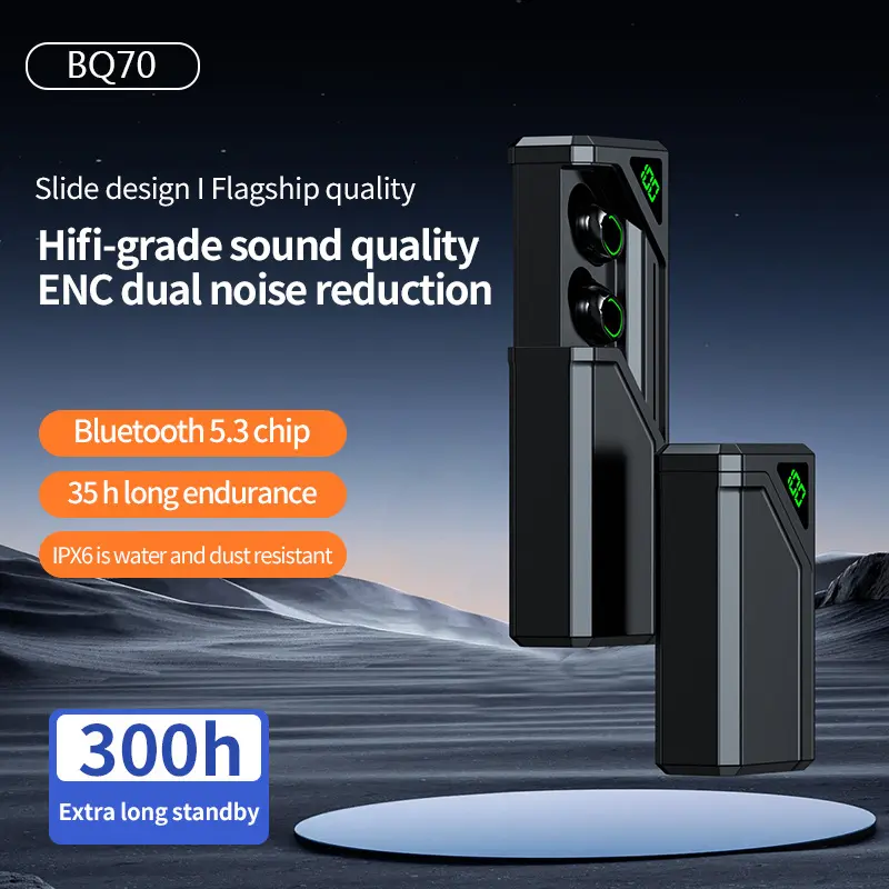 Fon Telinga Bluetooth Tanpa Wayar, BQ70, Dalam Telinga, Paparan Digital, Ketahanan Panjang, Bluetooth 5.3, Jualan Panas, Treble Tong Tarik