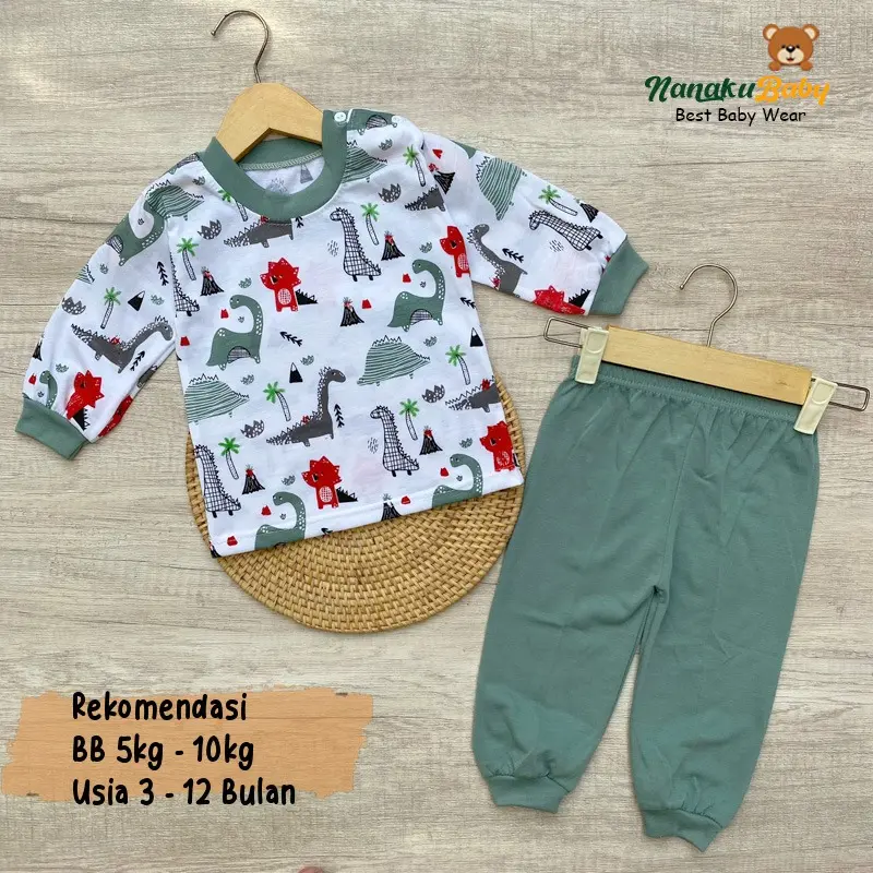 Nanaku Baby - Setelan Baju Bayi Setelan Piyama Bayi Usia 3-12 Bulan Setelan Lengan Panjang Kancing Pundak Motif Tirex 0