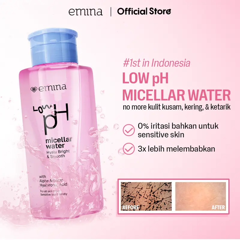 Emina Low pH Micellar Water Complete Series - Kering dan Kusam, Berminyak dan Berjerawat, Kulit Sensitif 125ml & 300ml | Pembersih Wajah Gentle Makeup Remover Double Cleansing Acne Skin Mencerahkan Menghaluskan Brightening Glowing 2