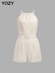 YOZY Women's Solid Belted Romper, Casual Comfy Cami Romper for Summer, Fashion Women's Clothes for Daily Wear