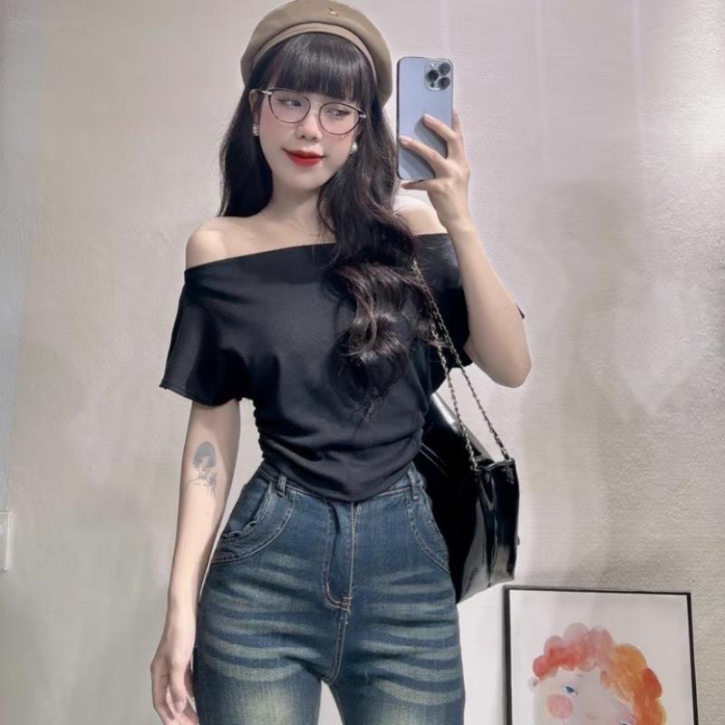 Áo croptop thun lụa trễ vai cánh dơi nhún eo vạt bầu nữ, áo crt ngắn tay gợi cảm