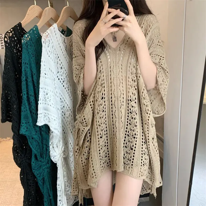 1 Pcs Summer Sun Protection Casual Loose V-neck Hollowed Out Knit Pullover
