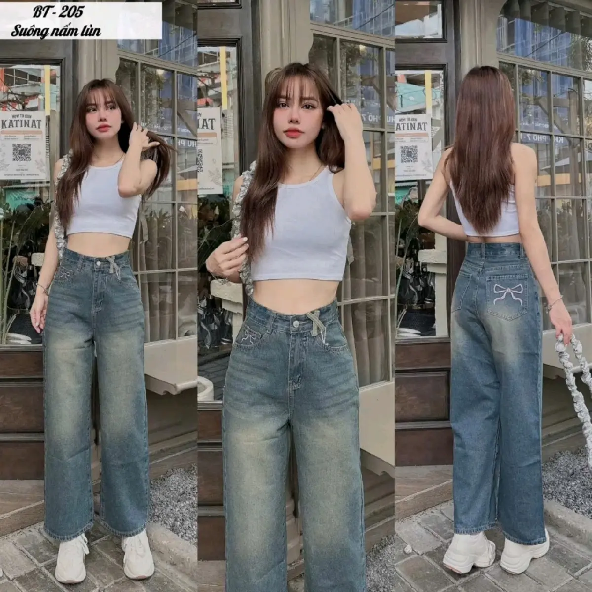 SUÔNG NẤM 95cm,Quần jean suông lưng cao,thêu nơ (S->3XL) Nữ Women