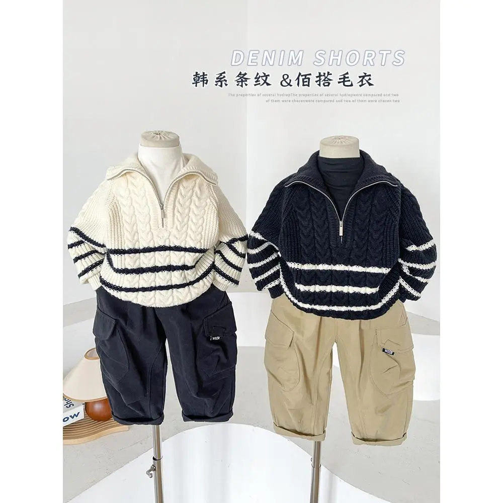 Quần Áo Trẻ Em, Phong Cách Hàn Quốc, Cổ Lọ, Áo Len Có Khóa Kéo, Dành Cho Bé Trai Và Bé Gái, Áo Len Sọc, Thời Trang, Hàng Mới Về Mùa Thu 2024
