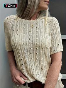 Women's Plain Hollow Out Raglan Sleeve Sweater, Casual Short Sleeve Round Neck Jumper for Summer, Fashion Women's Knitwear for Daily Wear