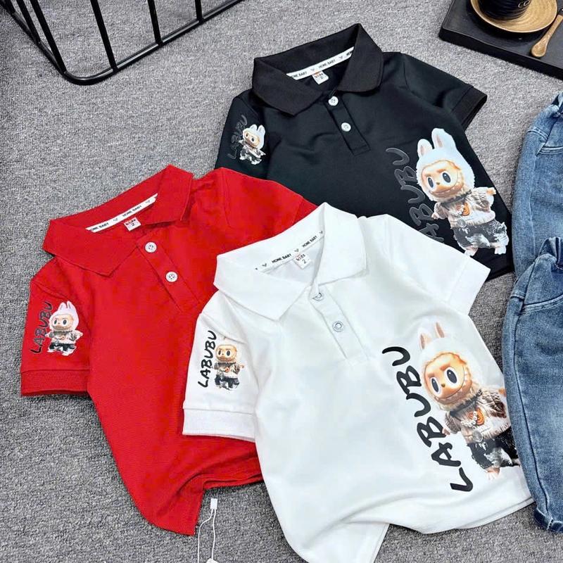 10-30kg- Bộ quần jean đùi áo thun cộc tay màu đỏ - sét áo thun polo quần short jean hình labubu set bé 5