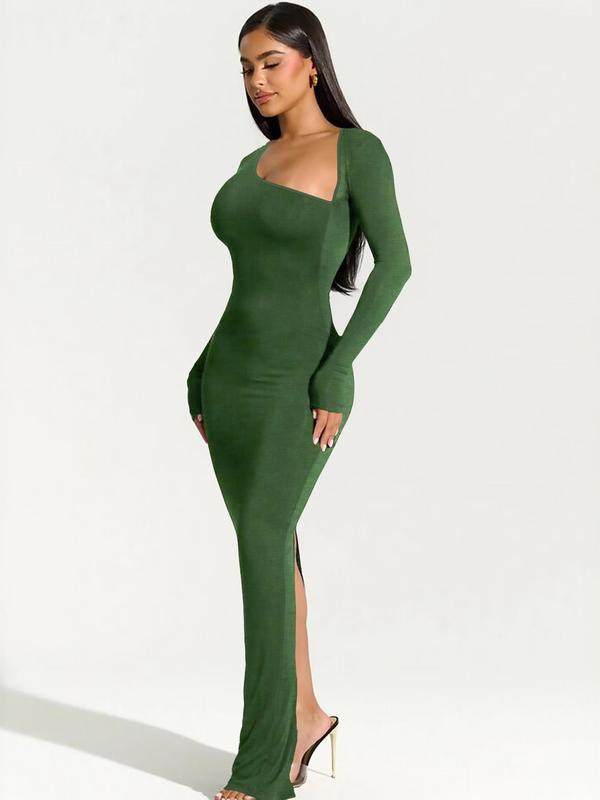 Women's Christmas Solid Asymmetrical Neck Split Bodycon Dress, Fit Long Sleeve Maxi Dress for Party Dating Wear, Ladies Clothes for All Seasons Valentine's Day, gift 6