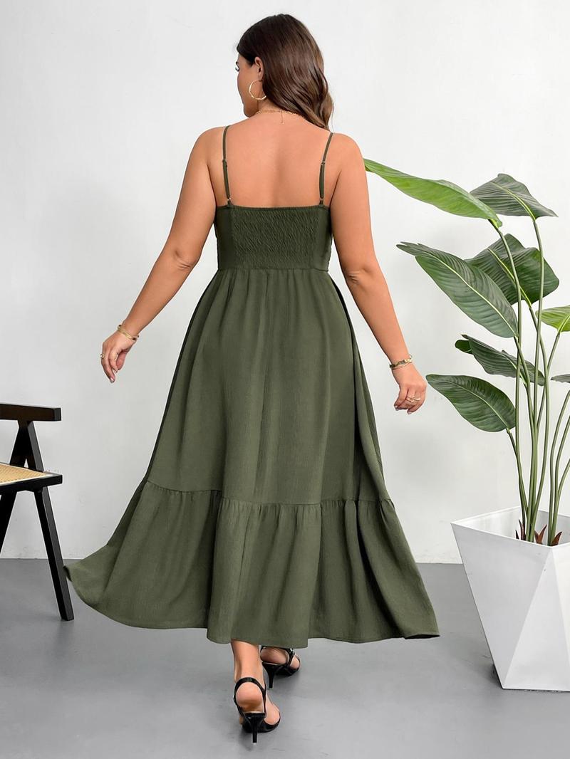 Product Introduction of 【Plus Size】 Solid Color Tie Front Cami Dress, Plus Elegant Fashion Casual Ruffle Trim Dress for Daily Outdoor Wear, Women Plus Clothing for Summer 3