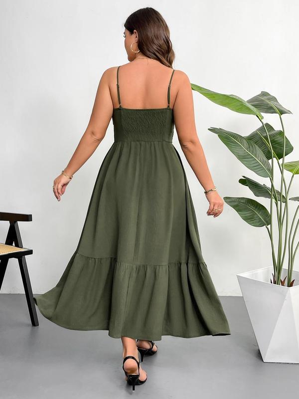 【Plus Size】 Solid Color Tie Front Cami Dress, Plus Elegant Fashion Casual Ruffle Trim Dress for Daily Outdoor Wear, Women Plus Clothing for Summer 2