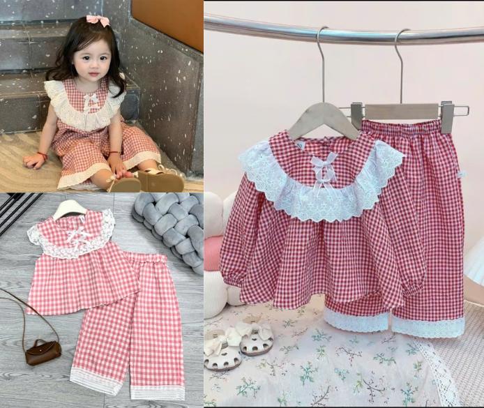 [6-18 kg] SET BỘ QUẦN ÁO KẺ CARO ĐỎ CỔ BÈO PHỐI REN KÈM QUẦN DÀI CHẤT THÔ ĐŨI SIÊU MỀM PHONG CÁCH VINTAGE CHO BÉ GÁI [XMHM]